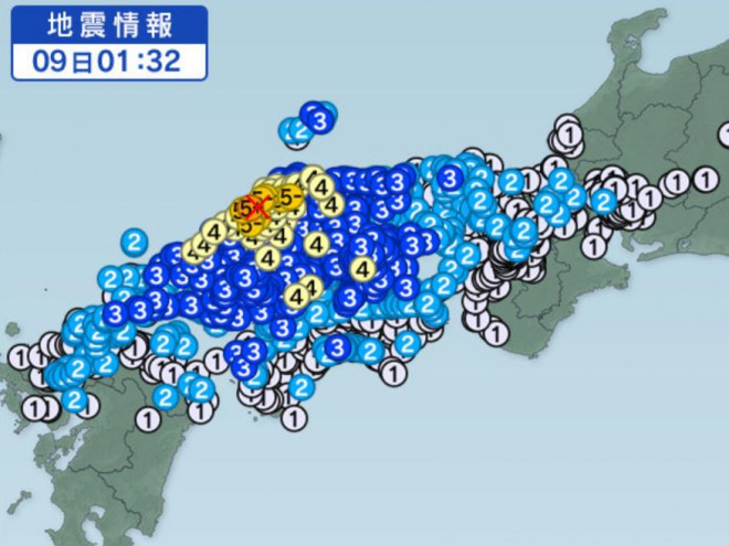 【緊急地震速報】島根県西部で震度5強！地震の規模はM5.8　中国地方全域で揺れを観測！