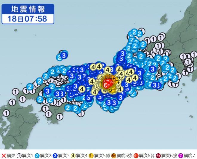 【緊急地震速報】大阪で震度6弱！京都府南部で震度5強、兵庫県南東部で震度5弱　大都市圏を直撃