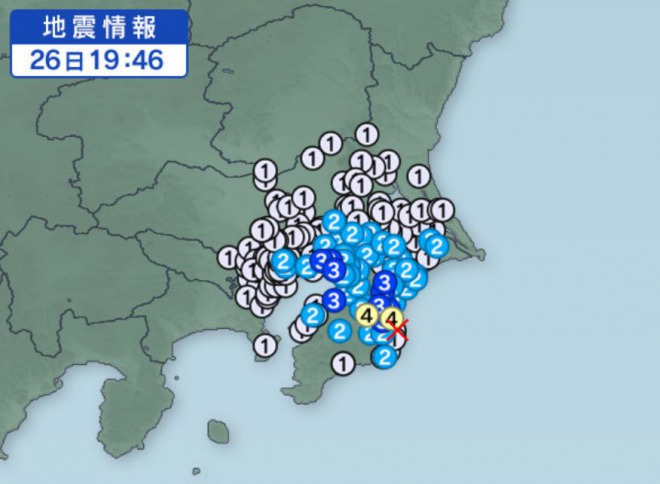 【地震情報】千葉県南部で震度4、マグニチュード４．４の地震が発生！