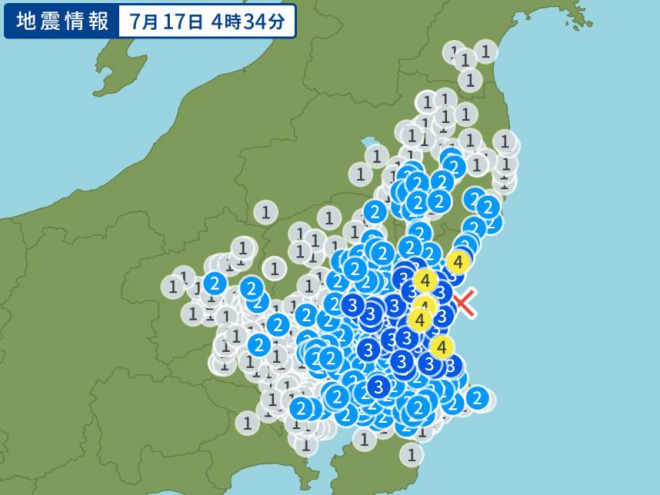【緊急地震速報】茨城沖でM4.8、最大震度4の地震！首都圏で揺れを観測