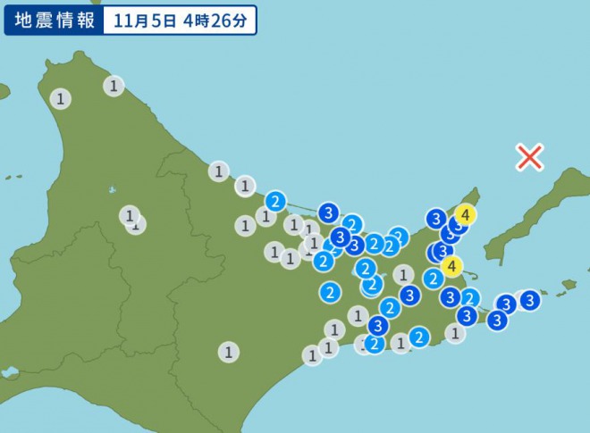 【地震速報】北海道北部、国後島付近でM6.2！オホーツク海で先日も強い地震