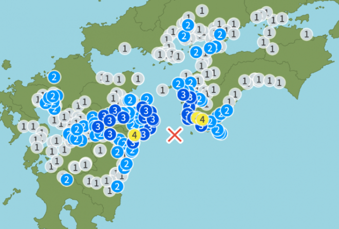 今度は日向灘でM4.9の地震！愛媛県や高知県などで震度４、先日のM6.3に刺激されたか　南海トラフ付近