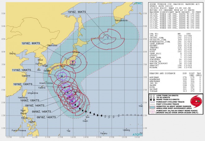 【台風１９号】アメリカ軍JTWCの進路予想、西側に修正へ！東京２３区に直撃！上陸時の規模は最大瞬間風速60m/s
