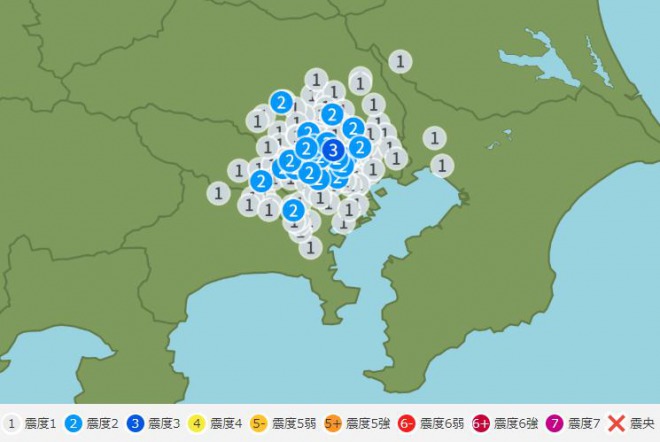 【地震速報】東京23区で震度3！東京の真下が震源に・・・