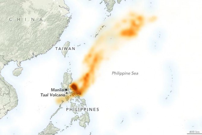 フィリピンのタール火山噴火、二酸化硫黄が沖縄近海まで到達！九州や四国辺りにも？人工衛星の分析