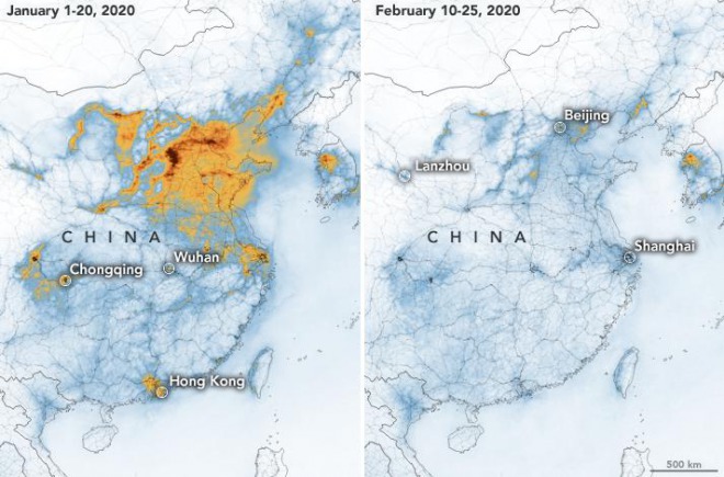 中国の大気汚染物質が激減、新型コロナの企業活動停止で！NASAが宇宙からの監視画像を公開