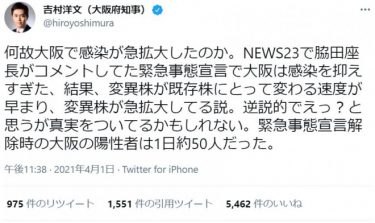 【？】大阪府の吉村知事「宣言で大阪は感染を抑えすぎた結果、変異株が急拡大してる説」「真実をついてるかもしれない」