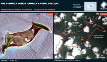 トンガ大噴火、噴火前後の衛星写真を公開！陸地や島が消失　大爆発で陸地が吹き飛ぶ