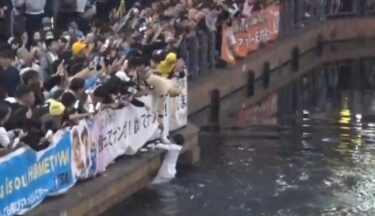 阪神38年ぶり日本一位に馬鹿騒ぎ！道頓堀では37人が飛び込み、関西地区で最高視聴率50％に！警察の厳戒態勢続く